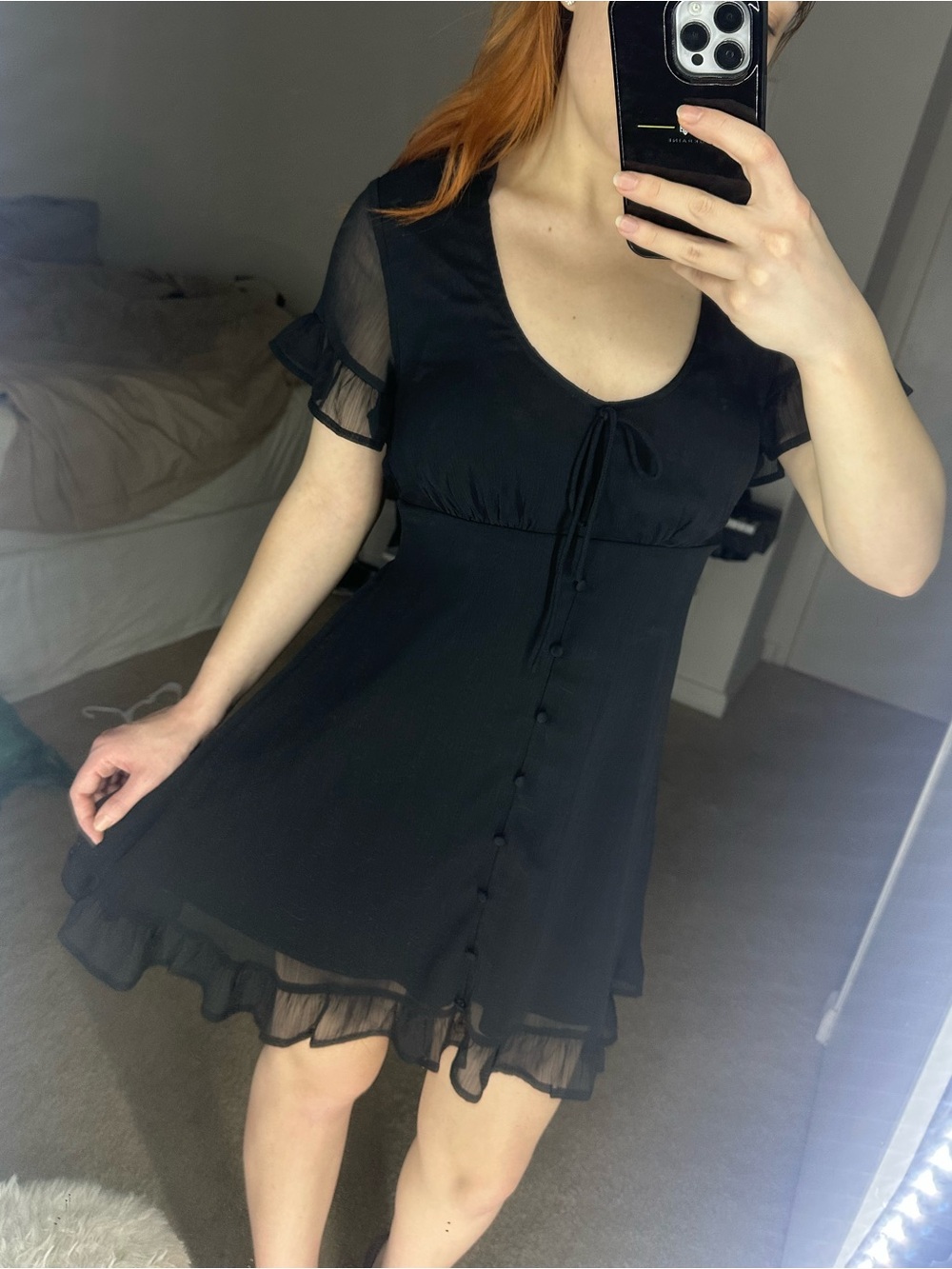 Black Sheer Ruffle Mini Dress with Button Front